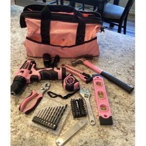 New 12V Pink Cordless Drill Driver and Home Tool Kit, Hand Tool Set for DIY